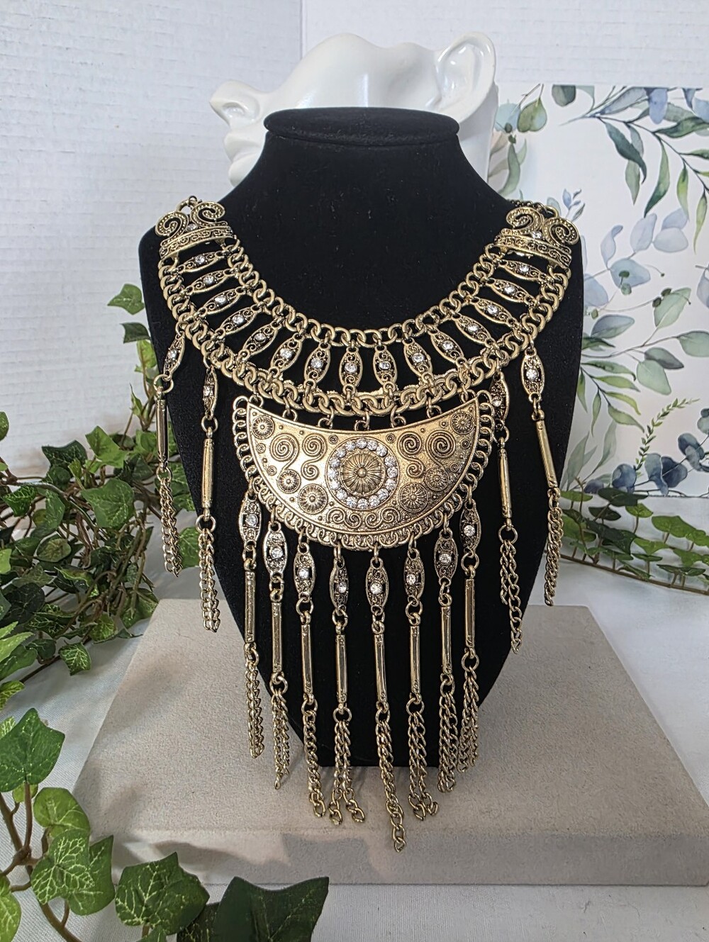 Boho Antique Gold Bib Statement Necklace Crescent Rhinestone Fringe Festival